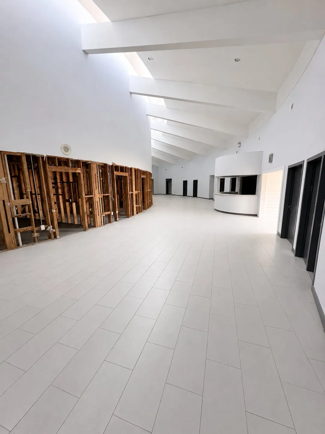 Atrium ceiling beams and clerestory windows at 125 Dillon Drive