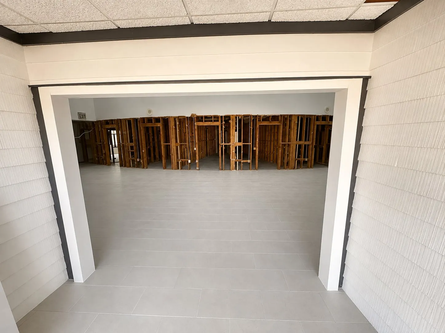 Interior area of 125 Dillon Drive opened to wood stud framing during renovation